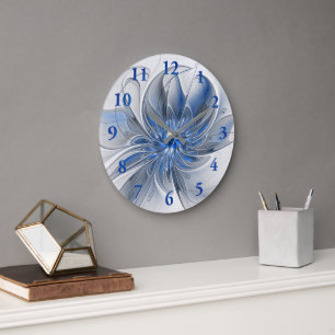 Abstrakt Blue Gray Fraktal Art Blume Große Wanduhr