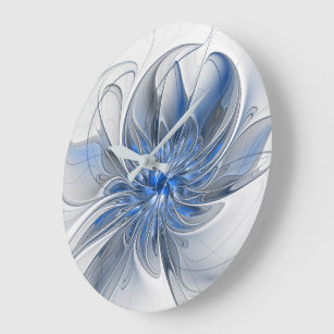 Abstrakt Blue Gray Fraktal Art Blume Große Wanduhr