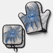 Abstrakt Blue Gray Fraktal Art Blume Ofenhandschuh & Topflappen-Set (Vorderseite/Rückseite)