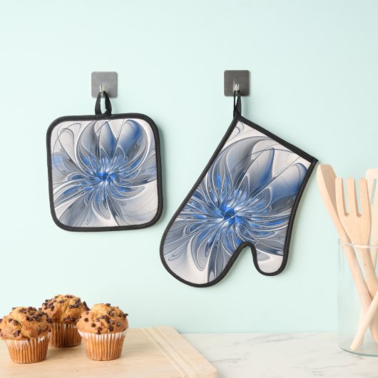 Abstrakt Blue Gray Fraktal Art Blume Ofenhandschuh & Topflappen-Set (Insitu (Hängend))