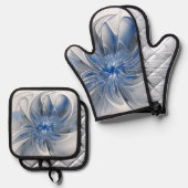 Abstrakt Blue Gray Fraktal Art Blume Ofenhandschuh & Topflappen-Set (Vorderseite/Rückseite)