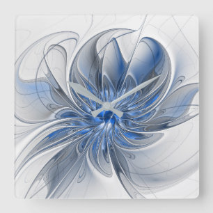Abstrakt Blue Gray Fraktal Art Blume Quadratische Wanduhr