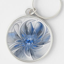 Abstrakt Blue Gray Fraktal Art Blume Schlüsselanhänger