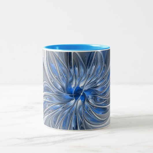 Abstrakt Blue Gray Fraktal Art Blume Zweifarbige Tasse (Mittel)