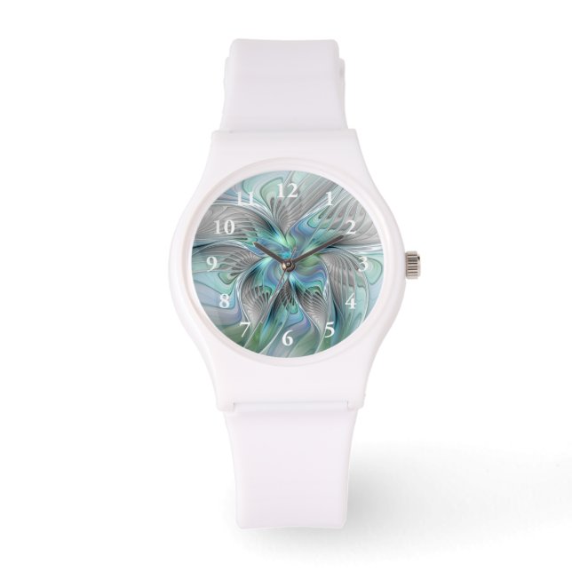 Abstrakt Blue Green Butterfly Fantasy Fraktal Art Armbanduhr (Vorderseite)