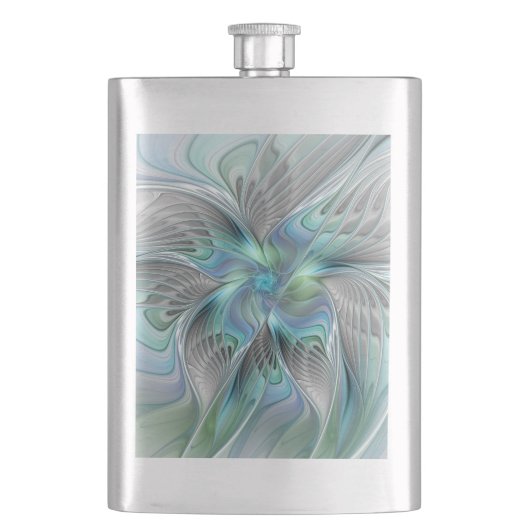 Abstrakt Blue Green Butterfly Fantasy Fraktal Art Flachmann (Vorderseite)