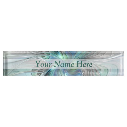 Abstrakt Blue Green Butterfly Fantasy Fraktal Art Namensplakette (Vorderseite)