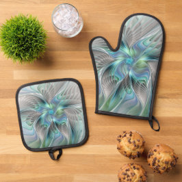 Abstrakt Blue Green Butterfly Fantasy Fraktal Art Ofenhandschuh & Topflappen-Set