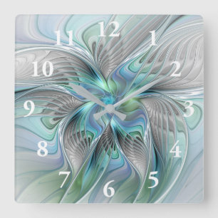 Abstrakt Blue Green Butterfly Fantasy Fraktal Art Quadratische Wanduhr