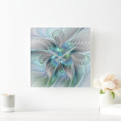Abstrakt Blue Green Butterfly Fantasy Fraktal Art Quadratische Wanduhr (Zuhause)