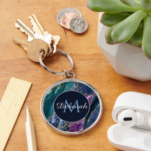 Abstrakt Blue Lila Gold Agate Monogram Schlüsselanhänger (Schreibtisch)