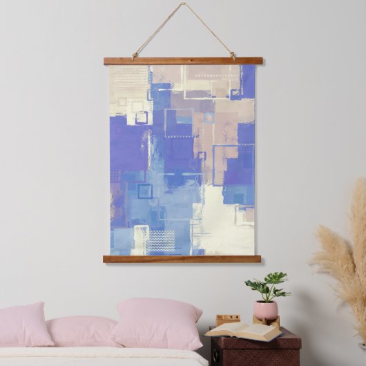 Abstrakt Blue Lila Taupe Ivory Mixed Media Wandteppich Mit Holzrahmen (Schlafzimmer)