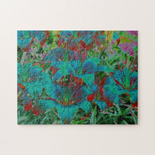 Abstrakt Blue Lilies Raindrops Blume Art Puzzle (Horizontal)