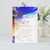 Abstrakt Blue Orange Gold Wedding RSVP Card (Stehend Vorderseite)