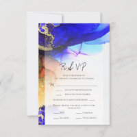 Abstrakt Blue Orange Gold Wedding RSVP Card
