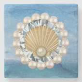 Abstrakt Blue Sea Golden Pearl Seashell Jewel Steinuntersetzer (Vorderseite)