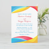 Abstrakt Blue Wedding Rainbow Wave Red & Yellow Einladung (Stehend Vorderseite)