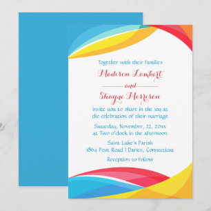 Abstrakt Blue Wedding Rainbow Wave Red & Yellow Einladung