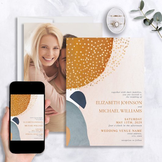 Abstrakt Blush Pink Blue Terracotta Foto Hochzeit Einladung