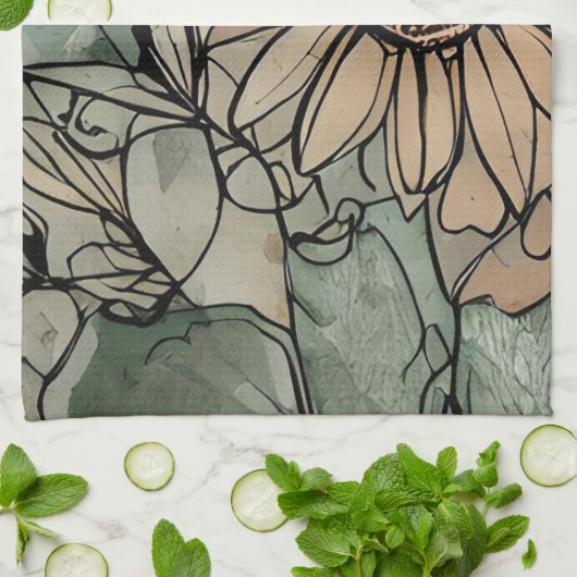 Abstrakt Boho Floral Sage und Beige Geschirrtuch (Gefaltet)