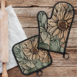 Abstrakt Boho Floral Sage und Beige Ofenhandschuh & Topflappen-Set