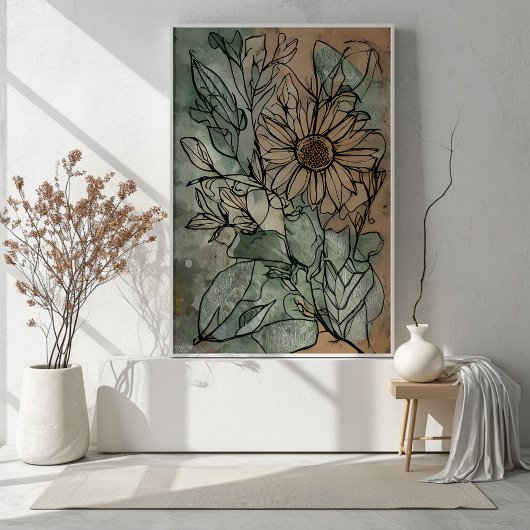 Abstrakt Boho Floral Sage und Beige Poster