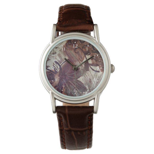 Abstrakt-braune Blumenmuster 1 Armbanduhr (Vorderseite)