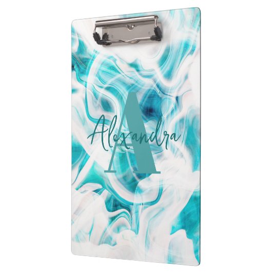 Abstrakt Chic Aquamarin White Liquid Paint Script Klemmbrett (Links)