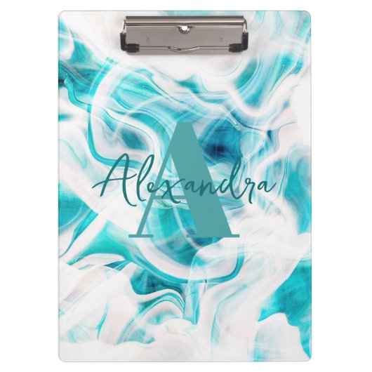 Abstrakt Chic Aquamarin White Liquid Paint Script  Klemmbrett (Vorderseite)