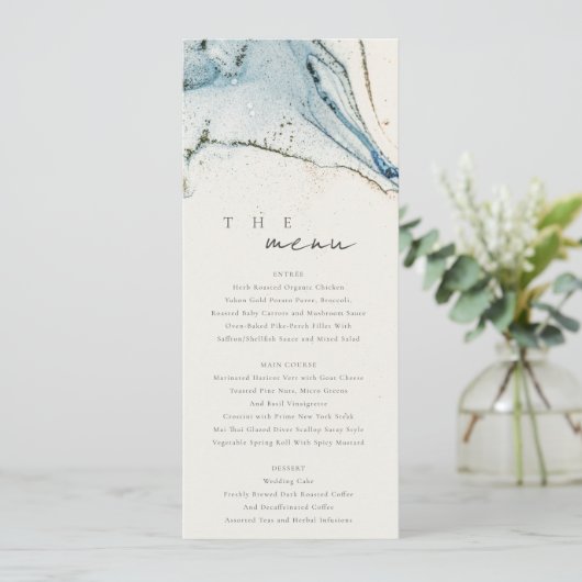 Abstrakt Chic Blue Gold Beachy Wedding Menu Card Einladung (Stehend Vorderseite)