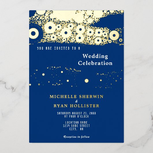 Abstrakt Circle Pattern Navy Blue Wedding Gold Folieneinladung (Vorderseite)