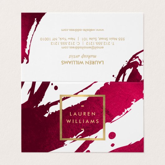 Abstrakt Deep Ruby Red Brushstrikes Visitenkarten (Außenseite Aufgefaltet)