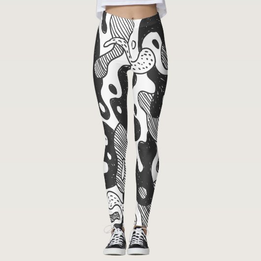 Abstrakt Doodle Camouflage Black Style Leggings (Vorderseite)