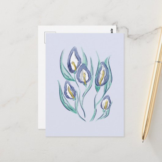 Abstrakt Elegante: Wasserfarbe Lila Calla Lilies Postkarte (Vorderseite/Rückseite Beispiel)