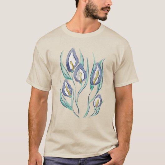 Abstrakt Elegante: Wasserfarbe Lila Calla Lilies T-Shirt (Vorderseite)
