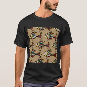 Abstrakt Exotische Florale Mehrfarbige Fische Naht T-Shirt