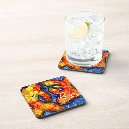 Abstrakt Floral Koi Fisch Orange Yellow Red Blue Getränkeuntersetzer (Rechte Seite)