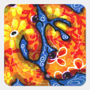 Abstrakt Floral Koi Fisch Orange Yellow Red Blue Quadratischer Aufkleber