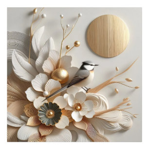 Abstrakt Florals & Bird mit Sonne: Gold, Weiß Fotodruck