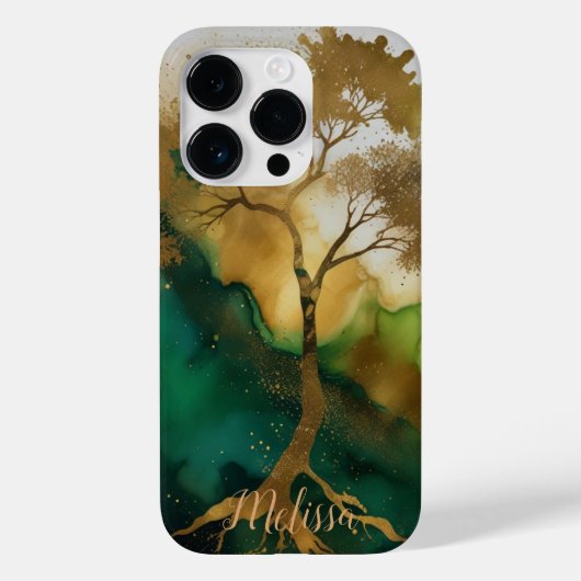Abstrakt Fluid green Gold tree Personalize Name Ca Case-Mate iPhone Hülle (Rückseite)