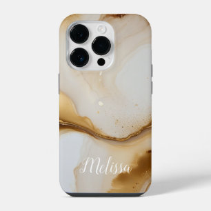 Abstrakt Fluid Navy Beige Gold Personalize Name iPhone 14 Pro Hülle