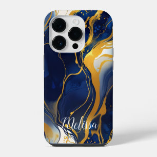 Abstrakt Fluid Navy Blau Gold Personalisieren Name iPhone 14 Pro Hülle