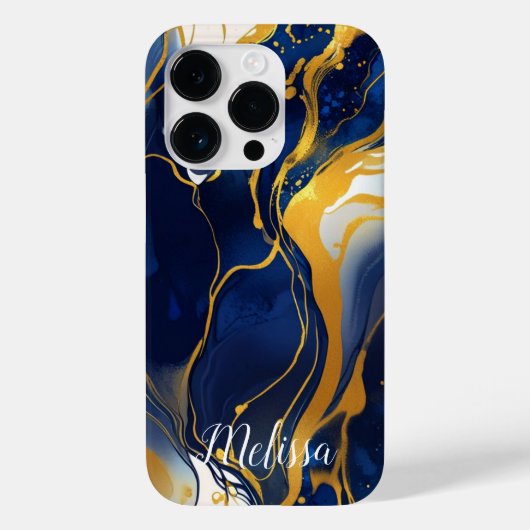 Abstrakt Fluid Navy Blue Gold Personalize Name Case-Mate iPhone Hülle (Rückseite)