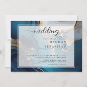 Abstrakt flüssiges Gold auf blauem Marmor Einladung (Vorderseite)