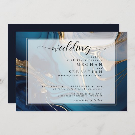 Abstrakt flüssiges Gold auf blauem Marmor Einladung (Vorne/Hinten)
