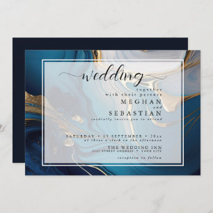 Abstrakt flüssiges Gold auf blauem Marmor Einladung