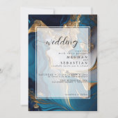 Abstrakt flüssiges Gold auf blauem Marmor Einladung (Vorderseite)