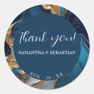 Abstrakt flüssiges Gold auf blauem Marmor Runder Aufkleber