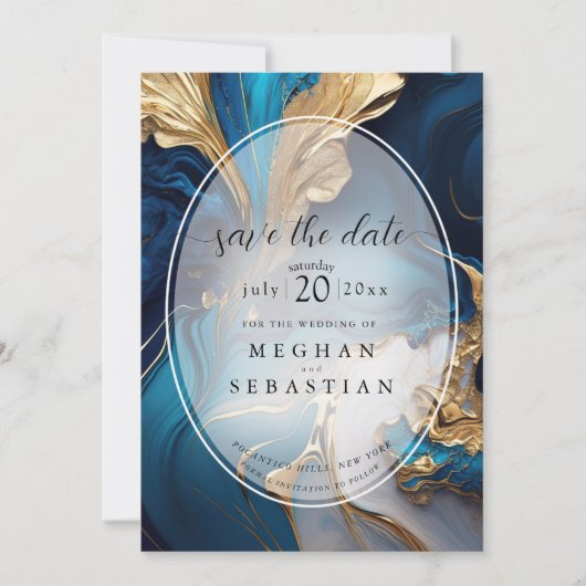 Abstrakt flüssiges Gold auf blauem Marmor Save The Date (Vorderseite)