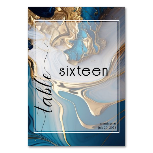 Abstrakt flüssiges Gold auf blauem Marmor Tischnummer (Vorderseite)